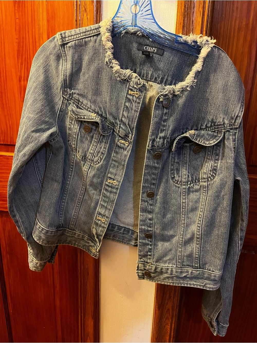 Chaps Light Blue Denim Jacket with Frayed Collar Trim